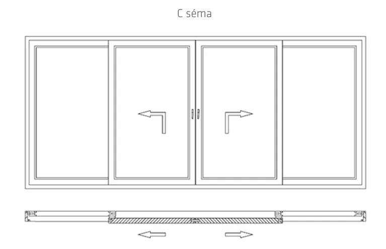 Emelő-toló ajtó C séma: két fix mező között toló szárny