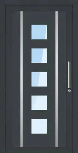 Antracit bejárati ajtó négyzetes üvegbetétekkel, Fukotherm ajtópanel